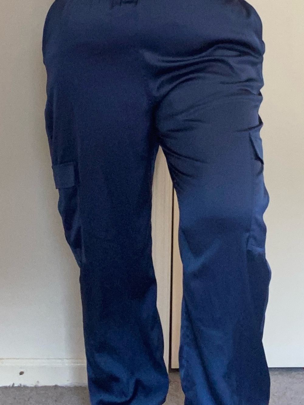 Calvin Klein Navy Women's Satin silk Cargo Jogger Pants Utility Pockets Size XL